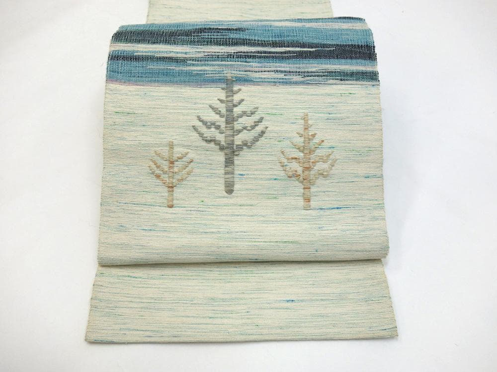 中古美品 北海道ユーカラ織八寸帯 エルム 風景模様 白 水色■N80127-26