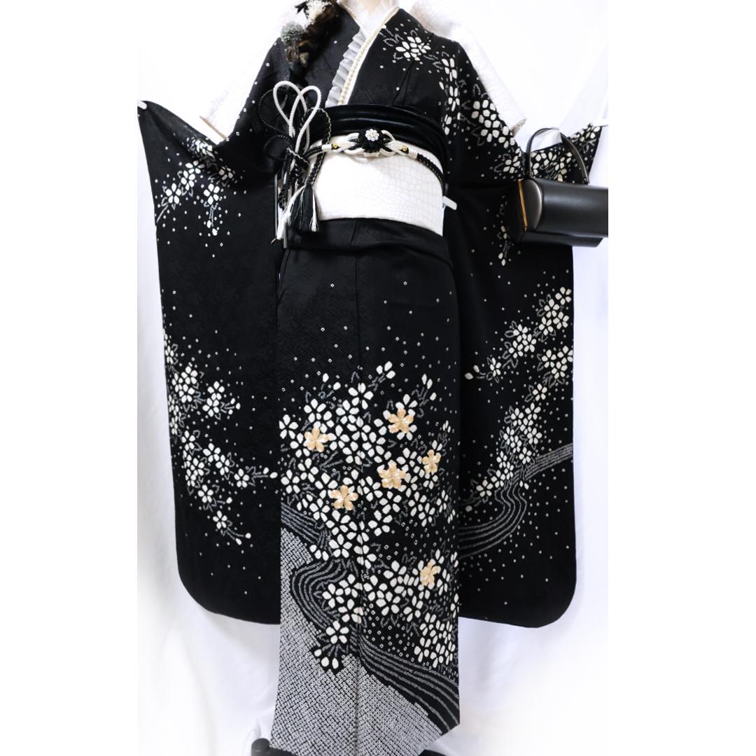 絞り◆ 振袖丈169.5cm 5点セット ◆フルセット黒モノトーン成人式ｃB39