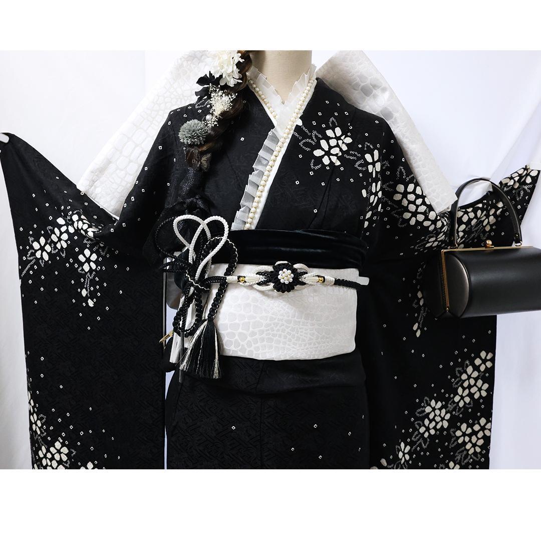 絞り◆ 振袖丈169.5cm 5点セット ◆フルセット黒モノトーン成人式ｃB39