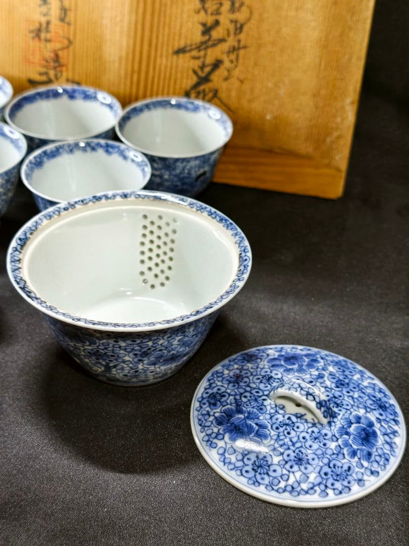 煎茶道具 京焼/清水焼 平安吉兆 染付薄手玉露茶器 手書き花文 共箱 舟型湯冷し