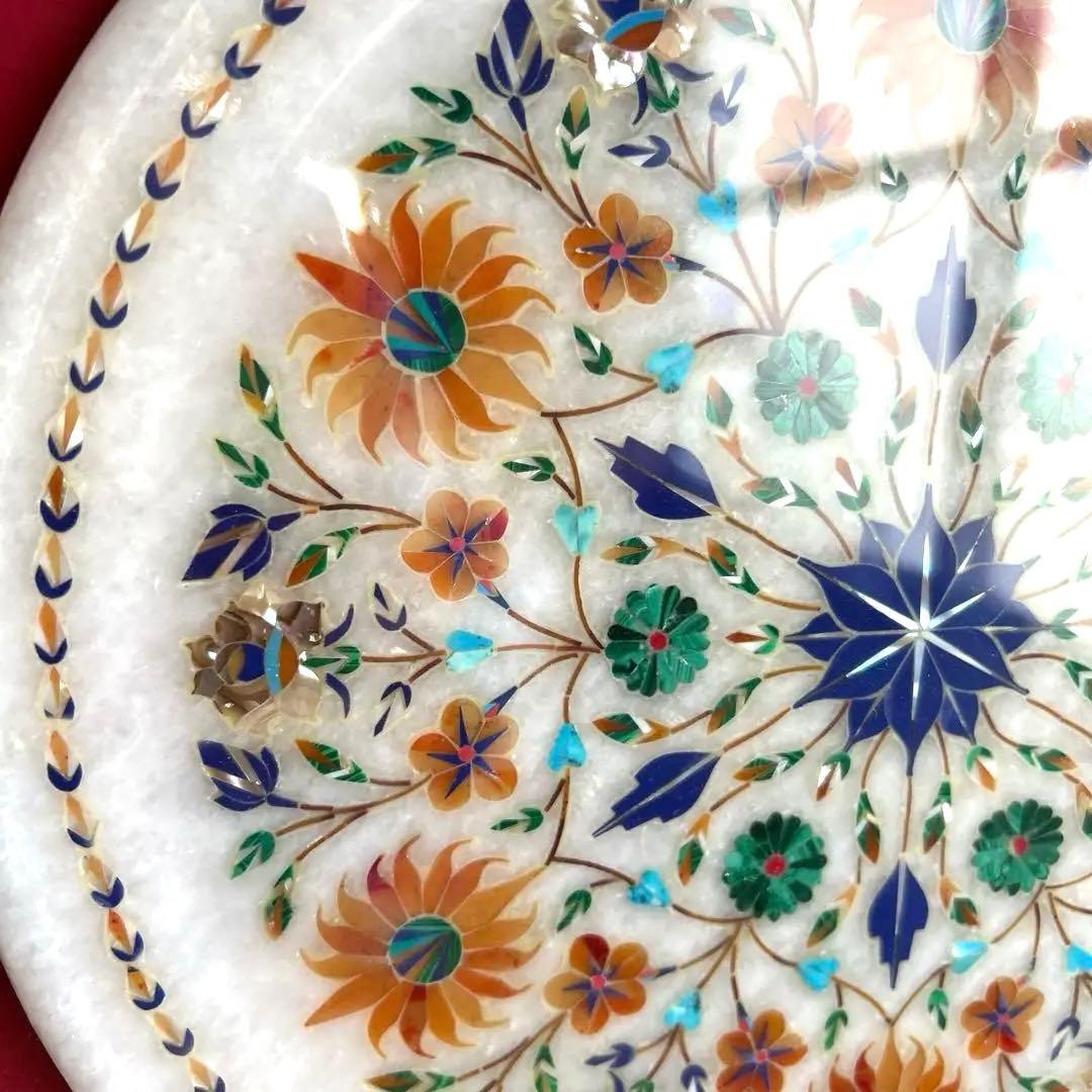 インド　大理石　象嵌細工 螺細　飾り皿　額装