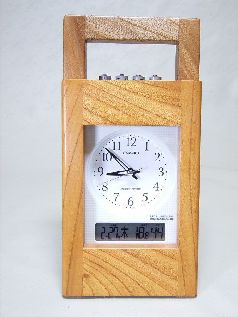 S012総欅板材ハンドル付き斜め型電波目覚まし時計（カシオTQT−351NJ使用