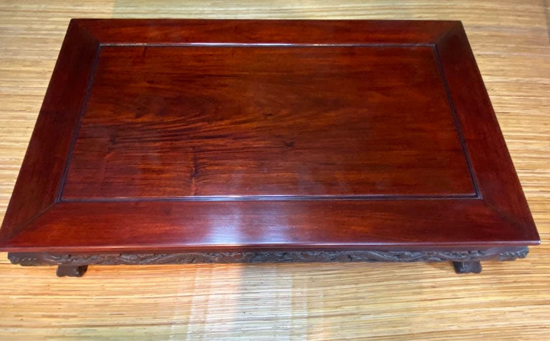 値下！高級唐木　獅子龍彫刻付漆仕上長座卓　150cm幅テーブル一枚板　ガラス板付