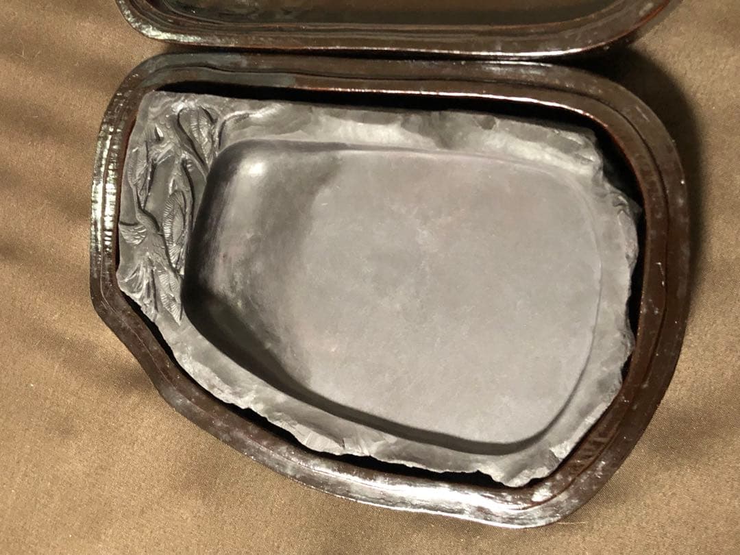 端渓名硯　中国　松　鶴　彫刻　書道具　中国名硯　骨董　硯　CHINA