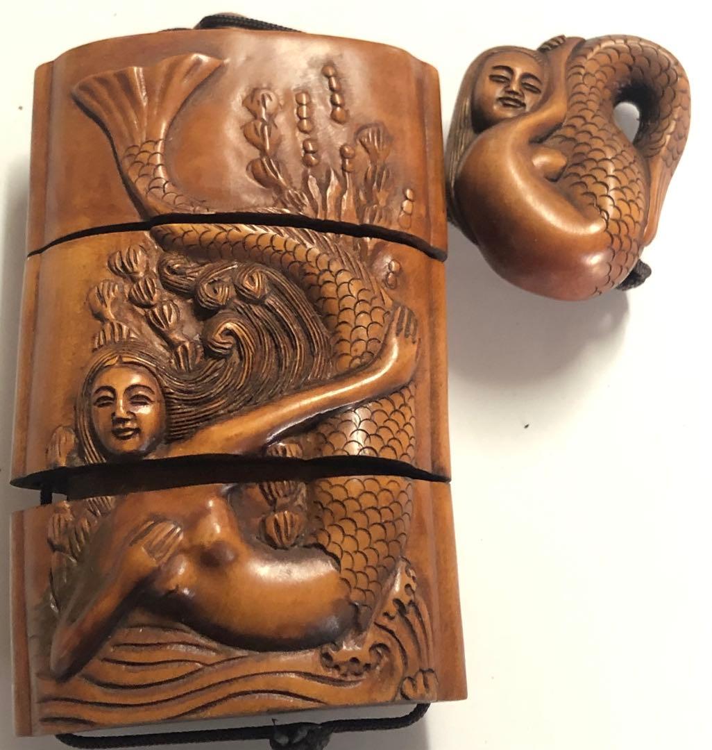 根付印籠魚女の図手作りアンティークオブジェインテリア現品無料発送