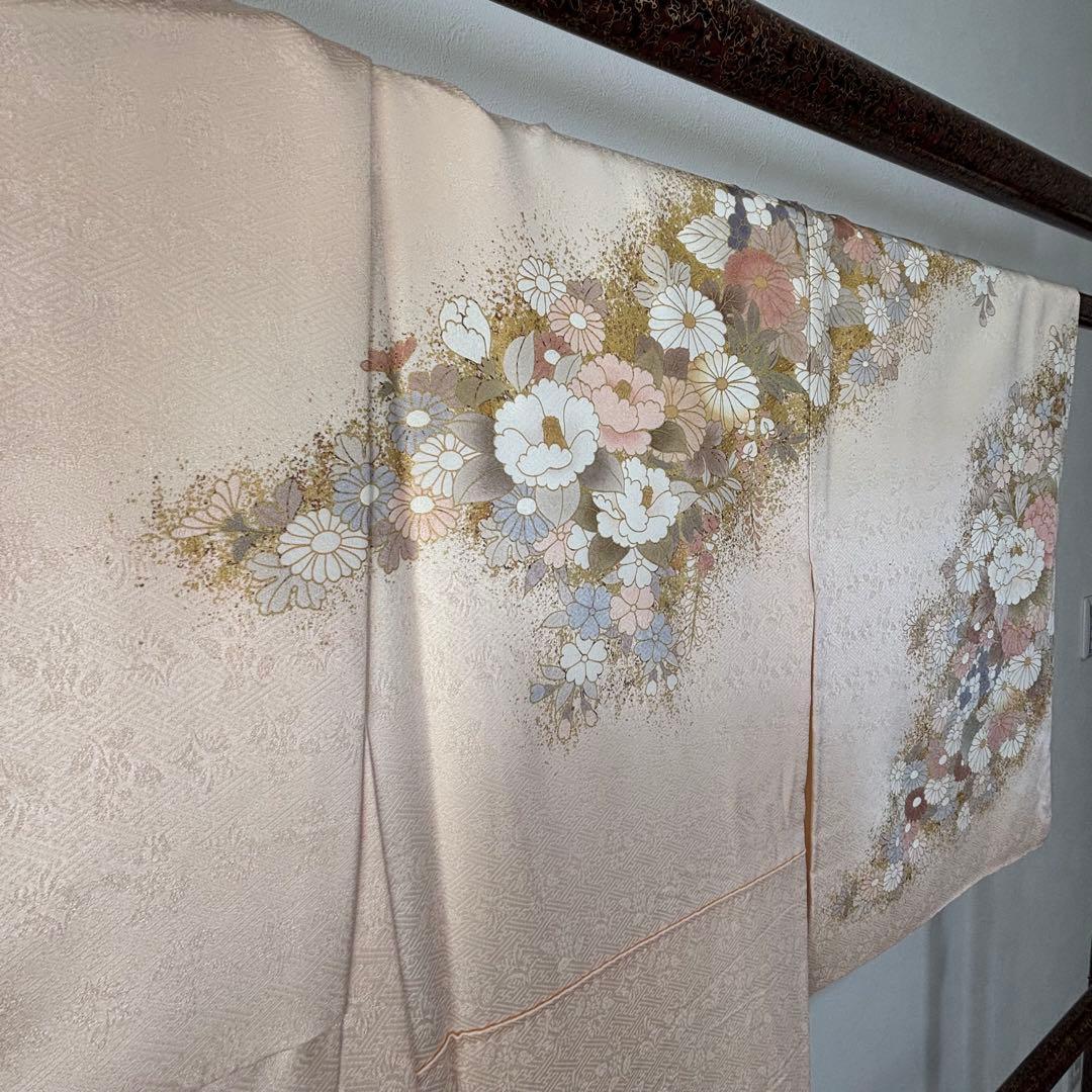 超美品　訪問着　正絹　現代　着物　168裄65 桜色　金　華やか　春色　トール