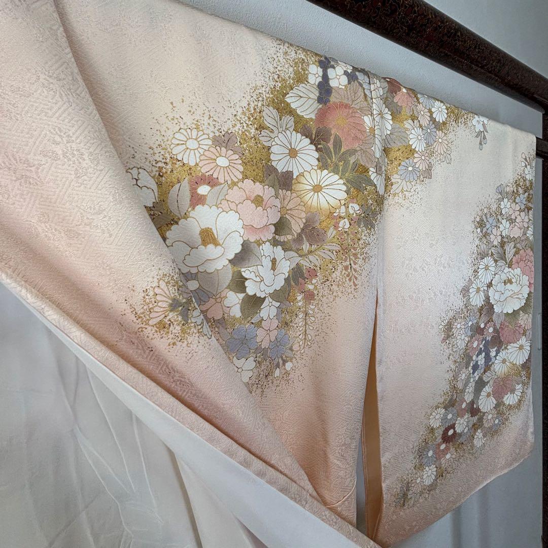 超美品　訪問着　正絹　現代　着物　168裄65 桜色　金　華やか　春色　トール