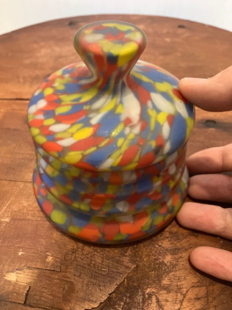 魅惑のマーブル模様の蓋物練りガラス器◇レトロガラス◇アンティークガラス◇古ガラス