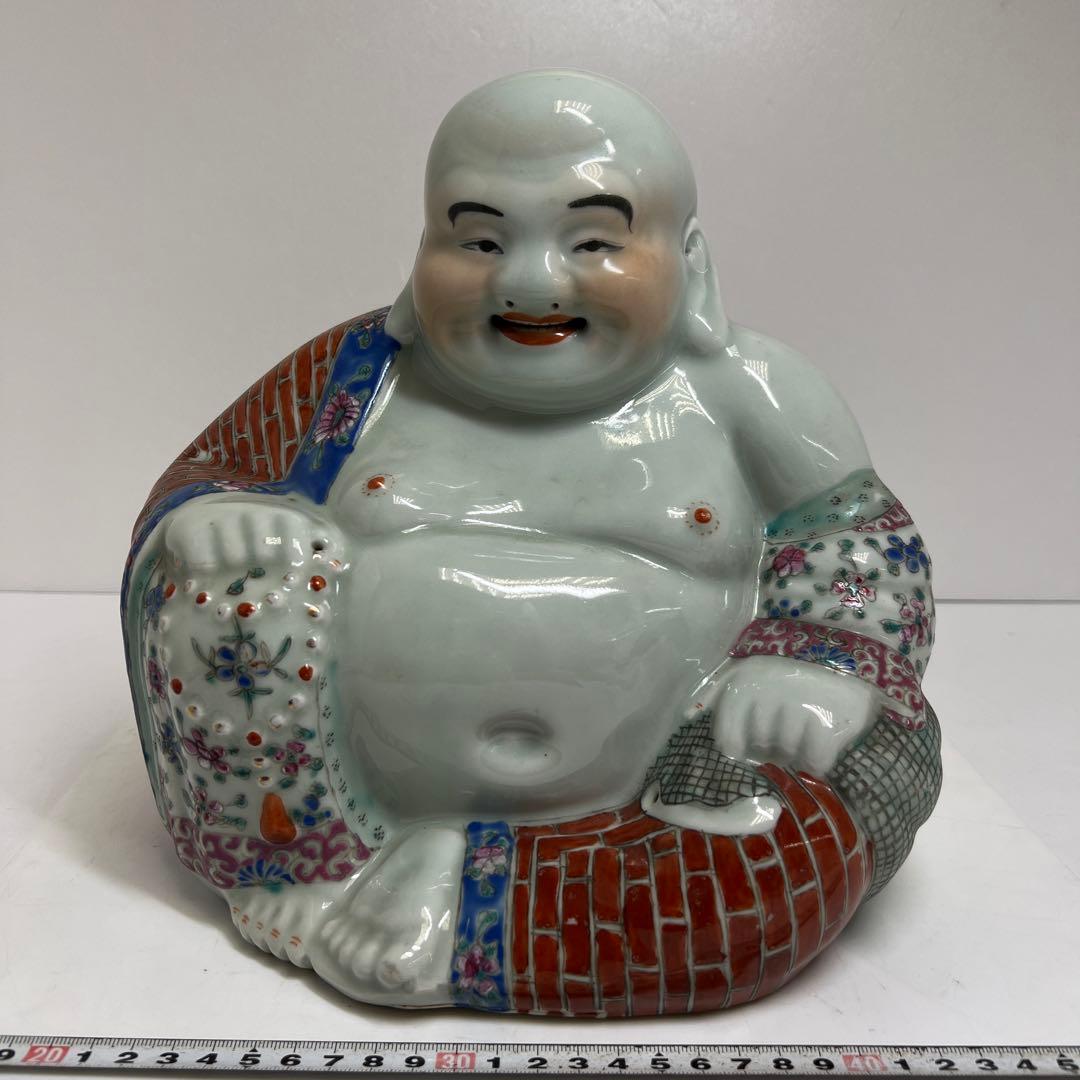 中国景徳鎮　羅漢肝嶺上　朱義順作　粉彩布袋置物　高さ約25㎝　トコル