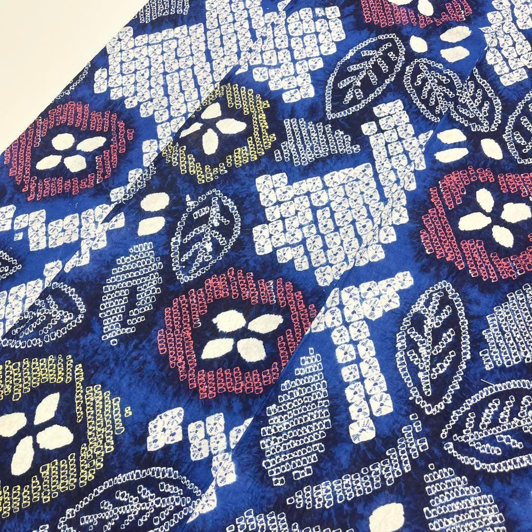 ☆ 夏着物 浴衣 有松鳴海本絞り 縦柄花模様 瑠璃色 しつけ糸 K-3722