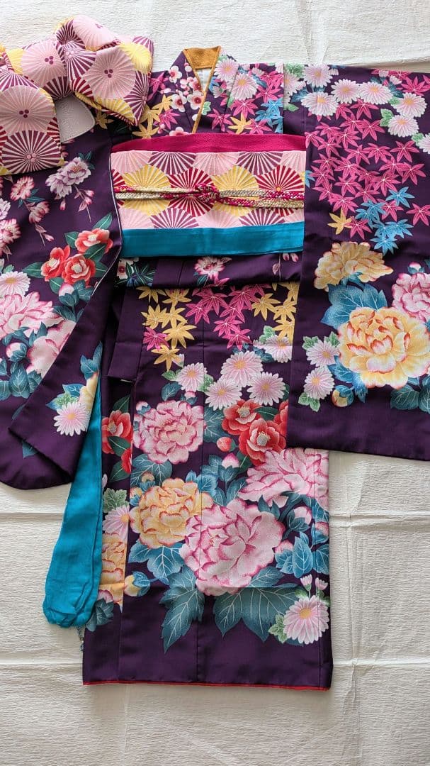 7歳　きららあんふぁん　紫牡丹　七五三　お着物フルセット　アンティーク