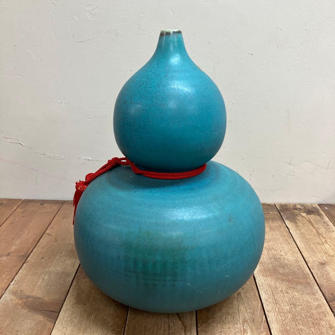 C-壁 昭和レトロ 信楽焼 瓢箪 花瓶 トルコブルー 手づくり 縁起物 飾り壺