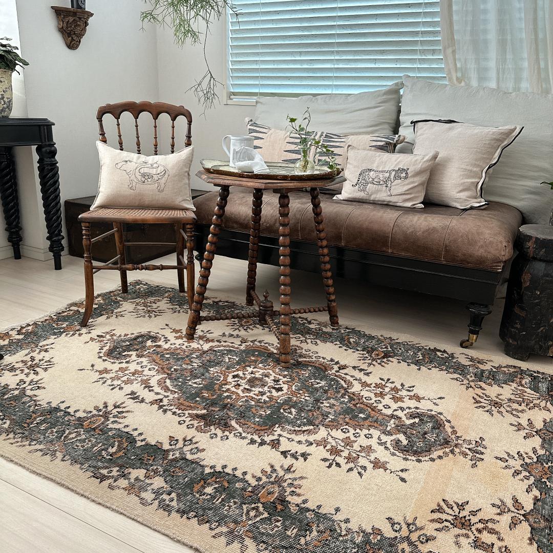 トルコ ヴィンテージラグ A101 カーキブラウン ダークグリーン メダリオン