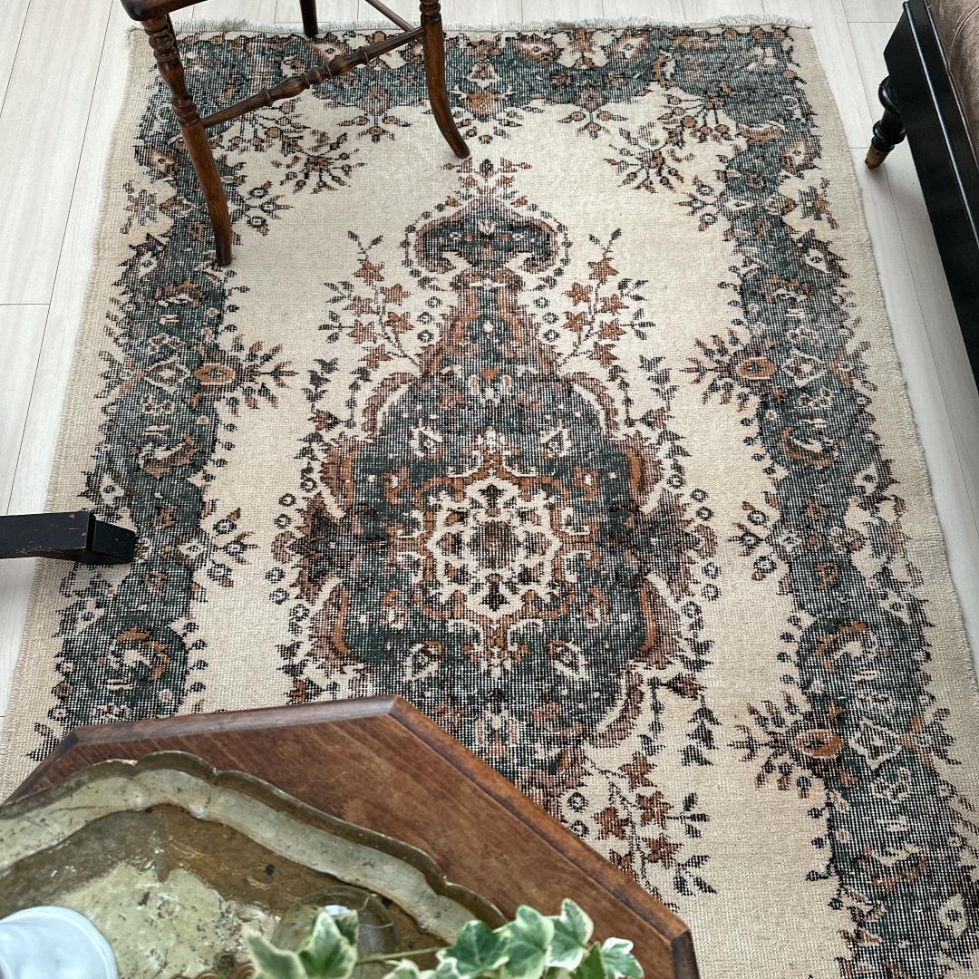 トルコ ヴィンテージラグ A101 カーキブラウン ダークグリーン メダリオン