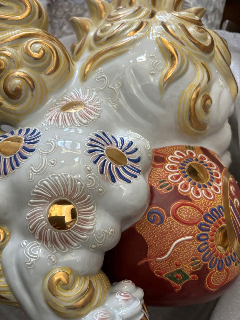 超大型35cm 豪華 九谷 大吉釜 玉乗り獅子 狛犬