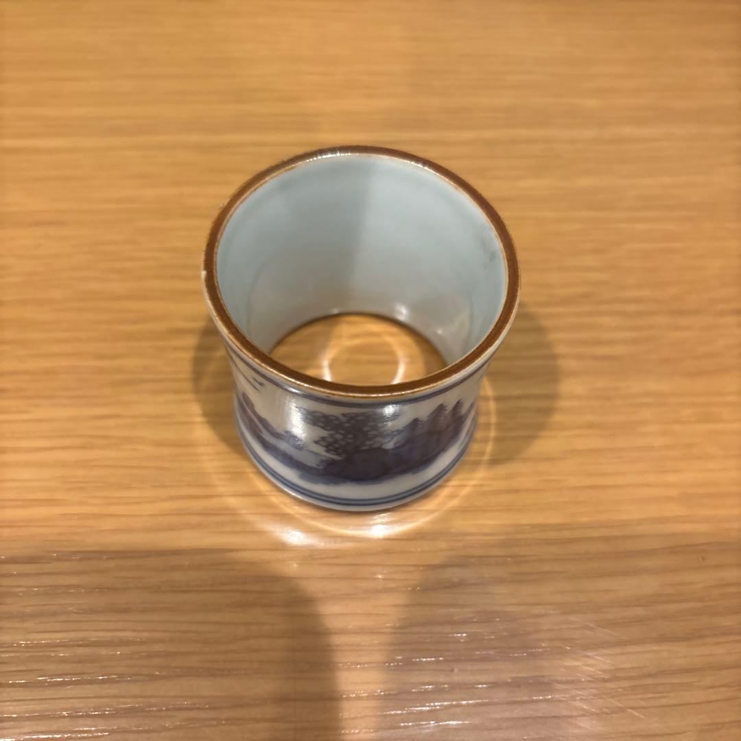 茶道具　蓋置　青い風景画の陶器製