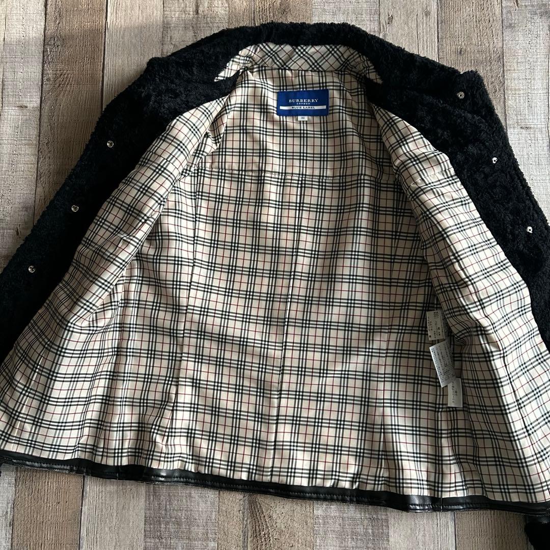 バーバリーブルーレーベル✿ボアジャケット 合成皮革 裏地ノバチェック 38 黒