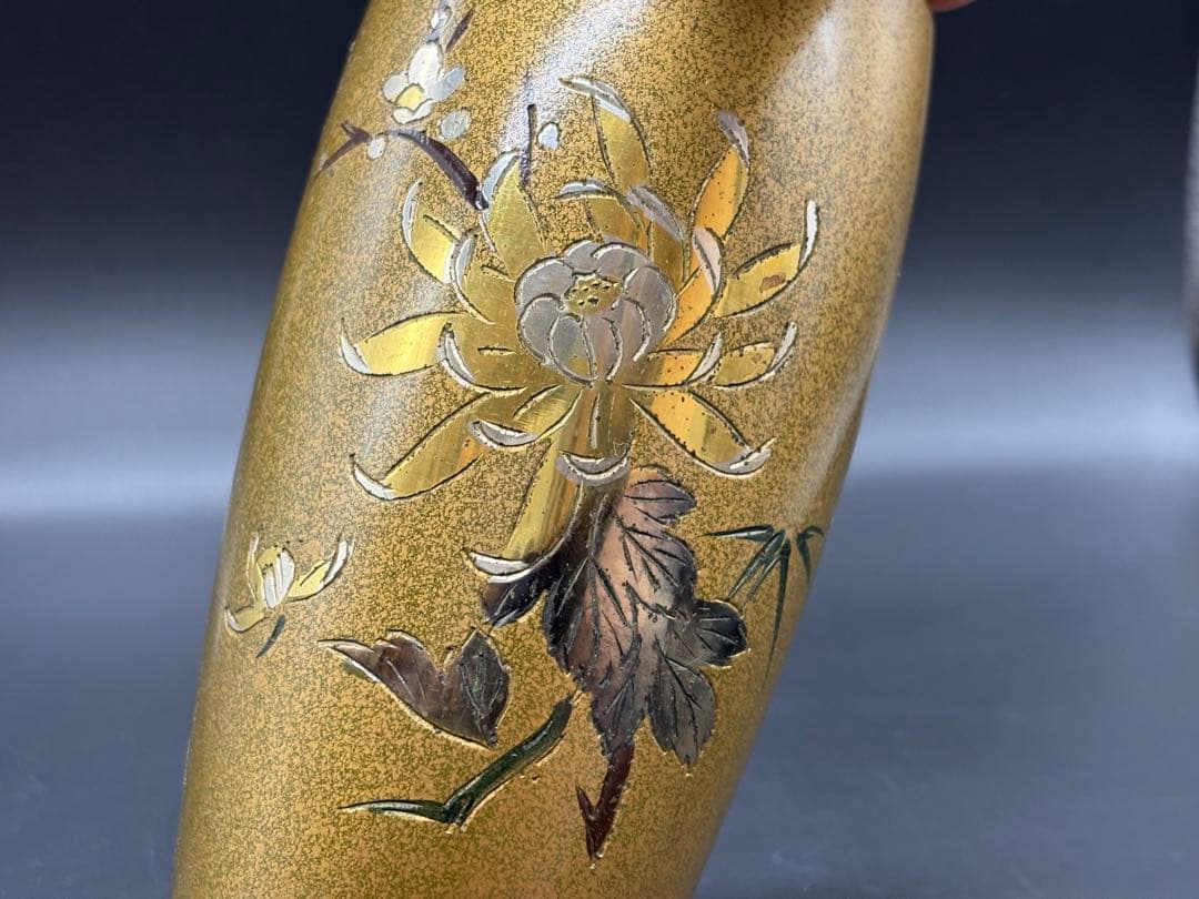 鋳銅 唐木花台付 花紋 花瓶 /金工 花器 花入