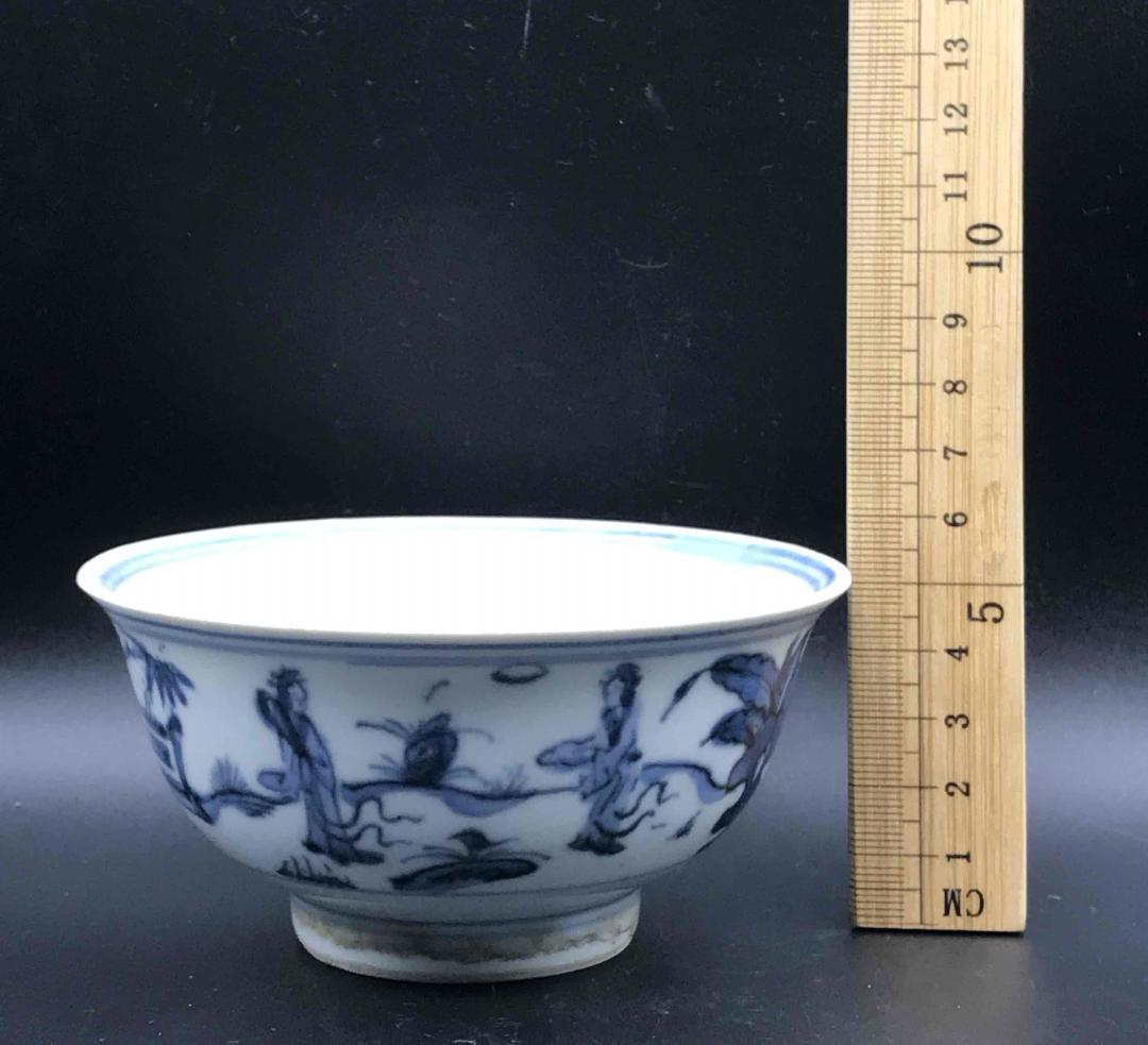 中国古美術　明天啓時代　【天啓年製】在銘　青花人物紋茶碗　古染付(D-34)