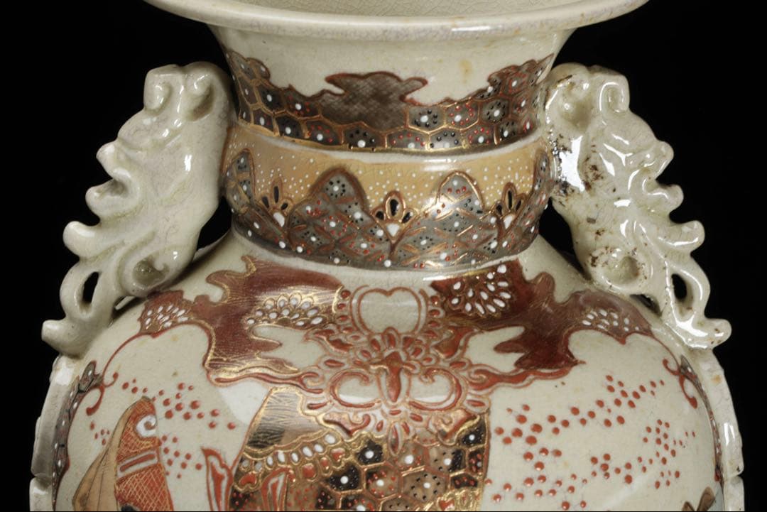 薩摩焼 金襴手色絵耳付武者図花瓶 共箱付 36.5㎝ 花器 飾壺 古美術 骨董品