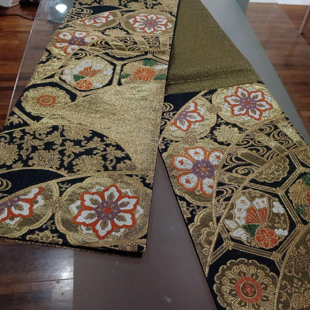 試着程度の極美品❣️西陣織物　華文様六通袋帯　正絹　金糸　ゴージャス♡黒地♡素敵