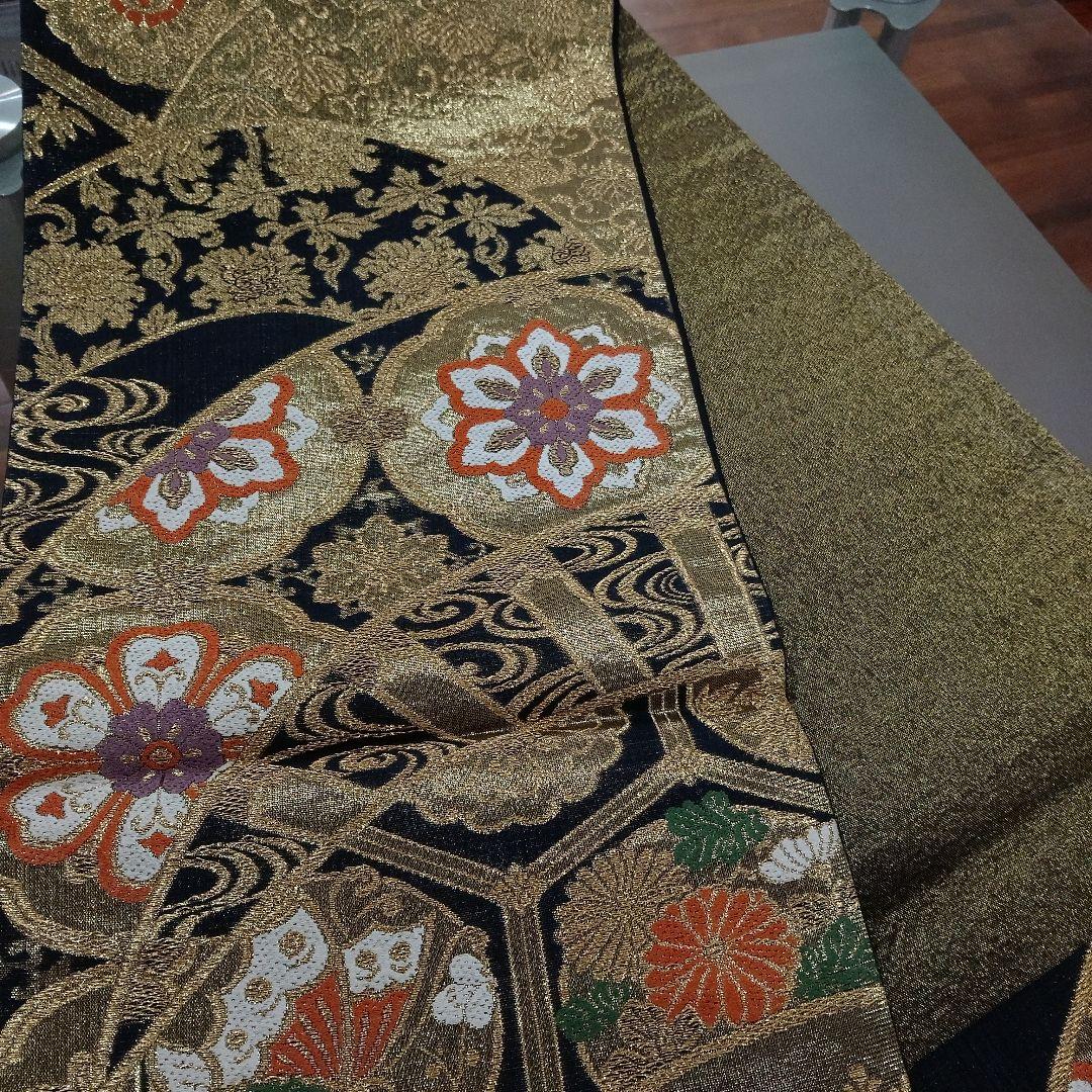 試着程度の極美品❣️西陣織物　華文様六通袋帯　正絹　金糸　ゴージャス♡黒地♡素敵