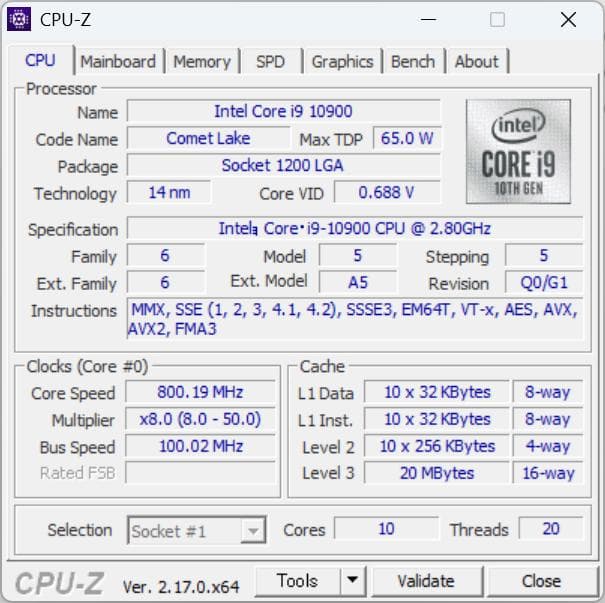 CPU Intel Core i9-10900 2.80GHz CPU