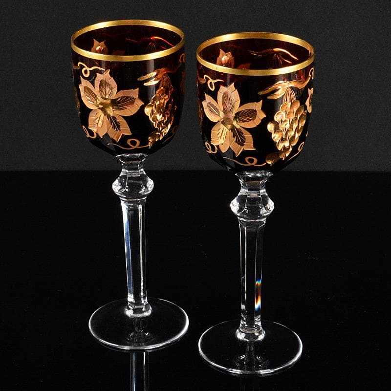 ボヘミアガラス　金彩　レッド　葡萄文　ワイングラス　ペア　M　R6069