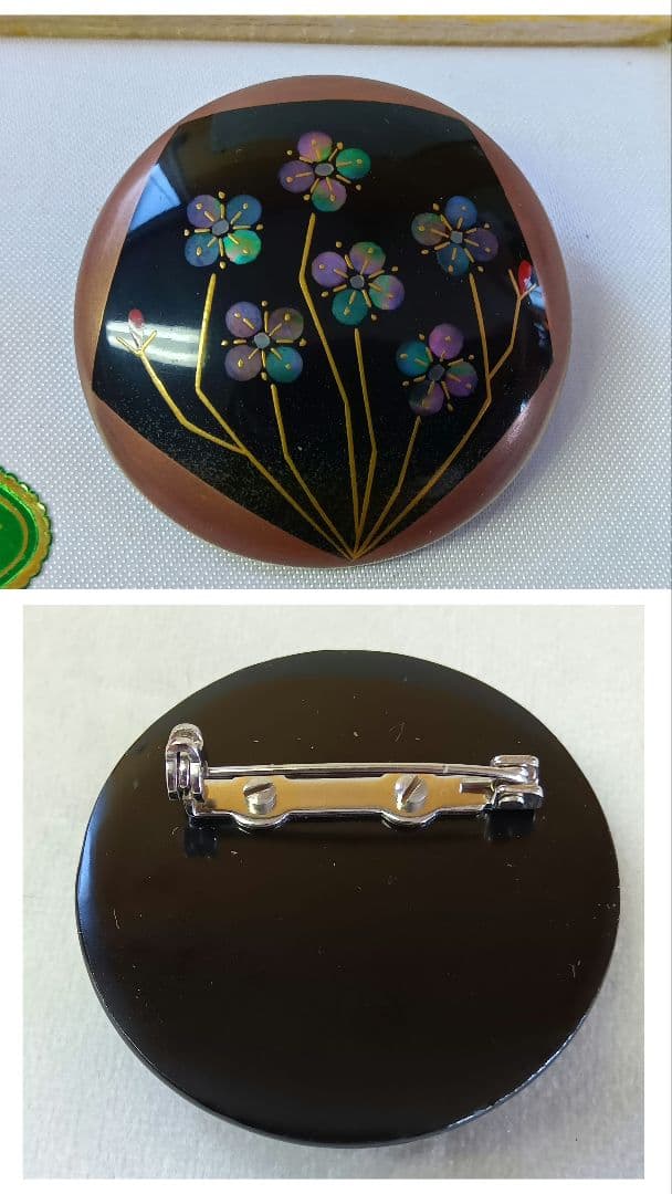 輪島塗　ブローチ　4点セット　漆塗り　蝶　ぼかしバラ　螺鈿　伝統工芸　金蒔絵