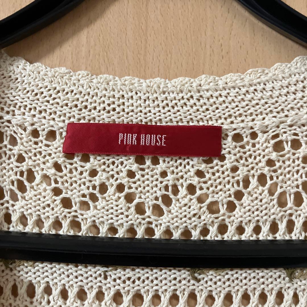 ビンテージ　ピンクハウス　透かし編みカーディガン 花飾り付き