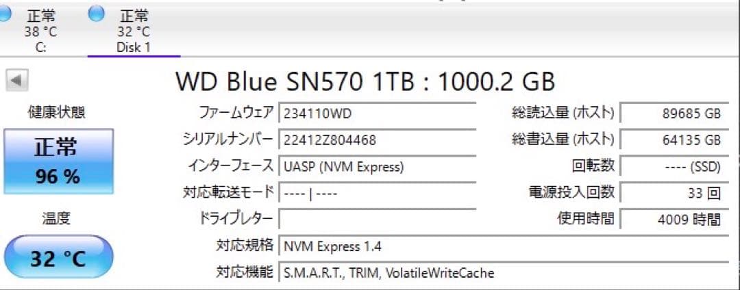 WD Blue SN570 1TB NVMe SSD M.2 2280 動作良好
