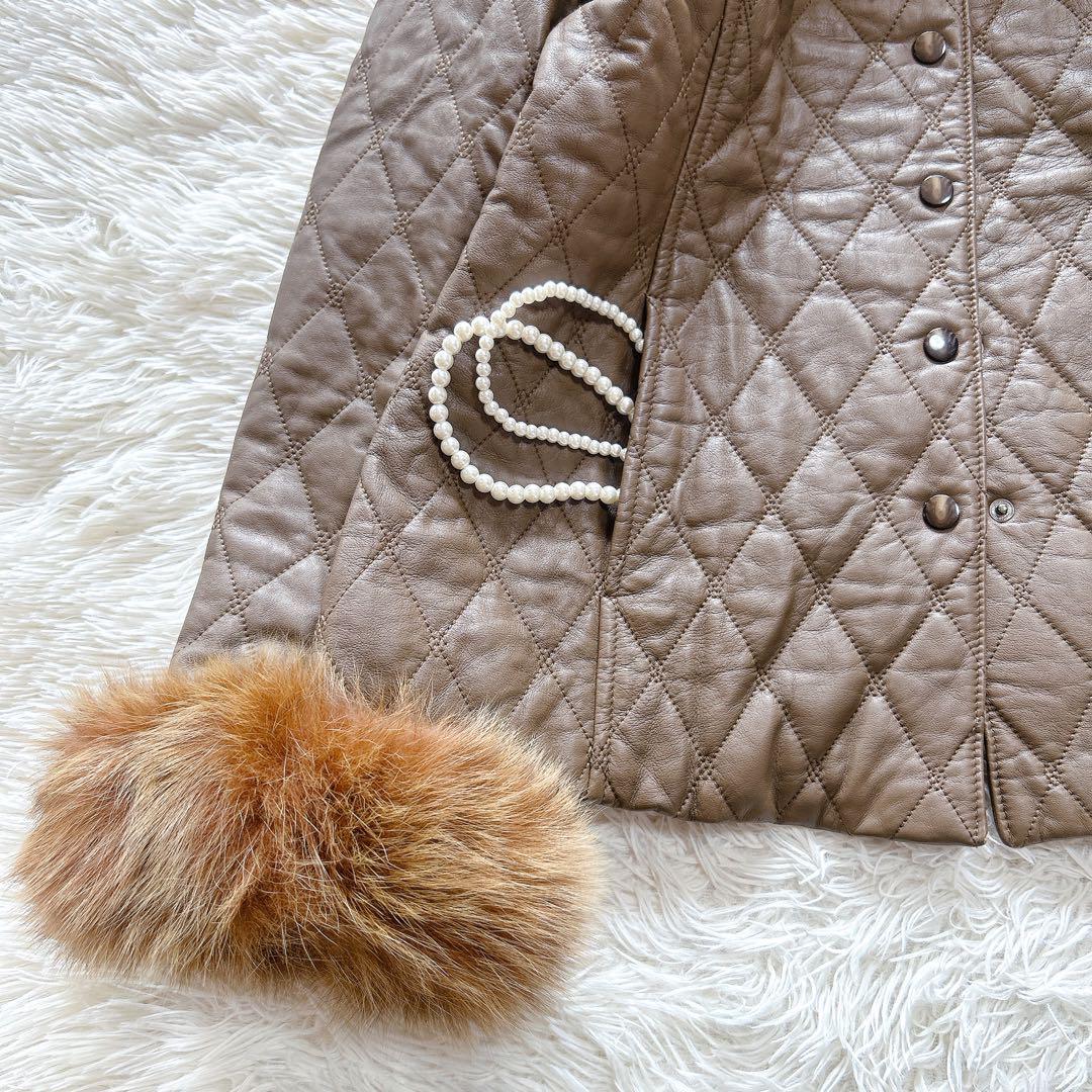 【極美品】レリアン　フォックスファー付きキルティングレザージャケット　9／M