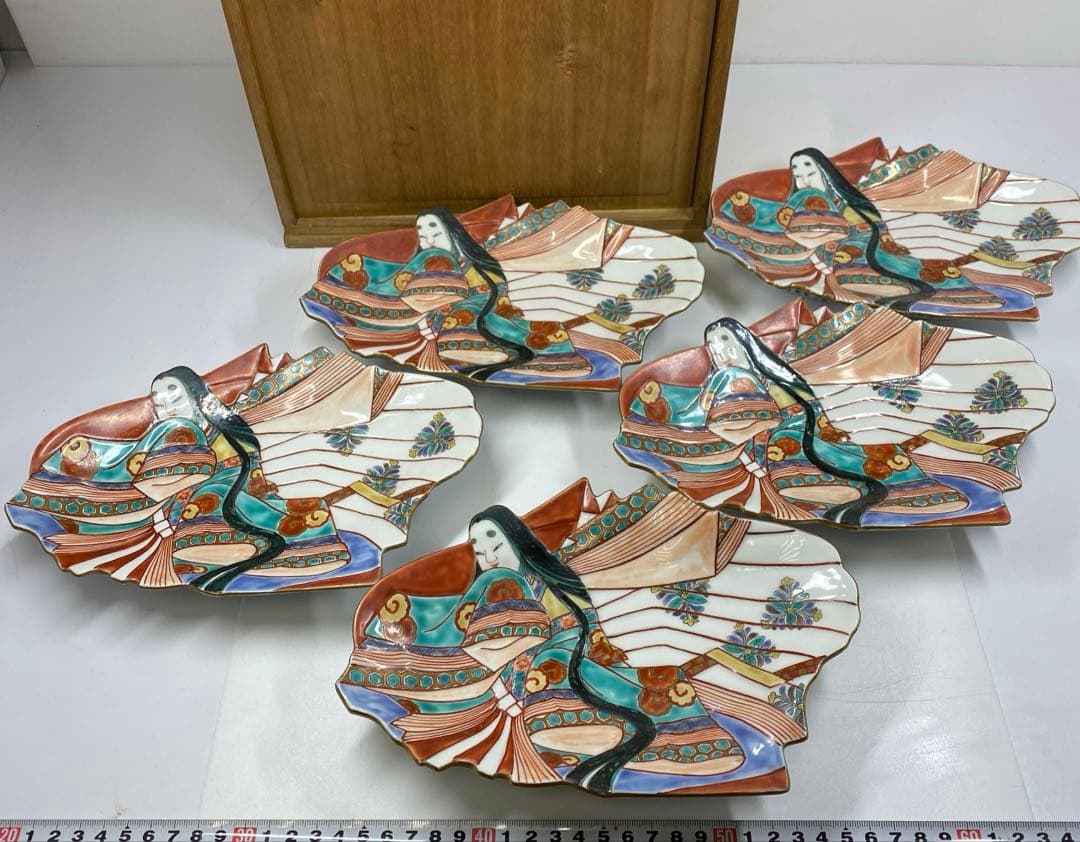 専用古伊万里　上手錦手姫皿五仕立箱付　約23.5㎝　東Y7-0214☆2Fトコカ