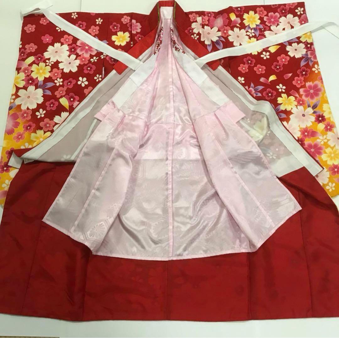 七五三　7歳女の子　着物セット　秋桜　華やか赤　山吹色　桜　緑に手鞠柄