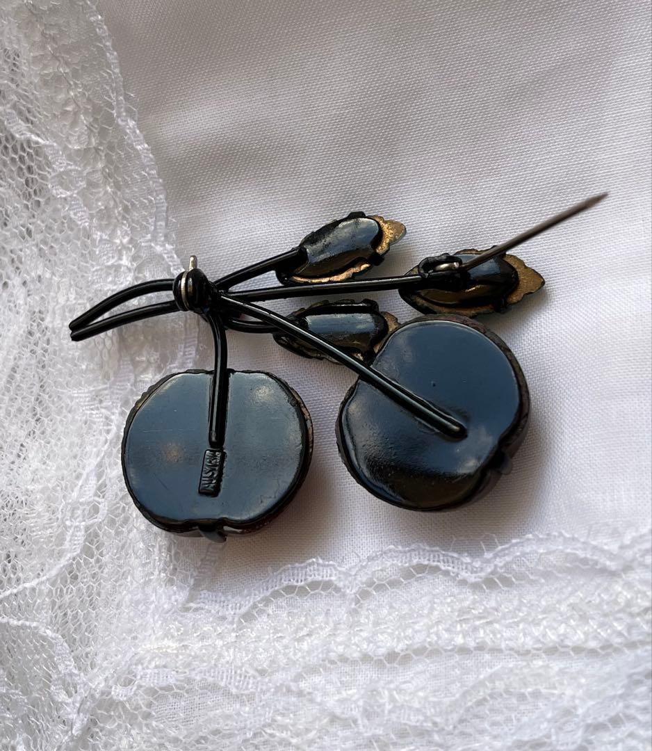 希少 オーストリア フルーツガラス ブローチ チェリー アプリコット ビンテージ