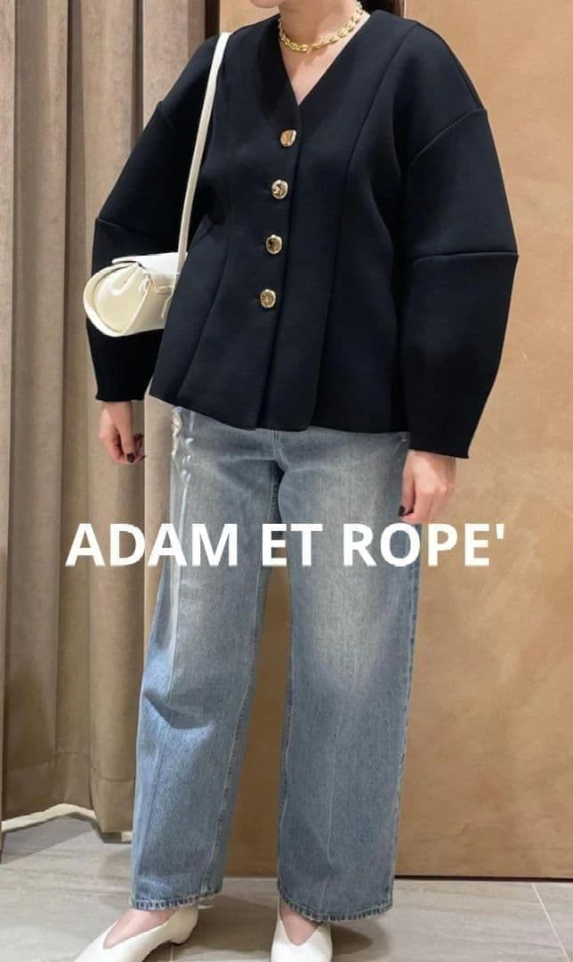 アダムエロペ ミックスボタンペプラムカーディガン ブラック 厚手