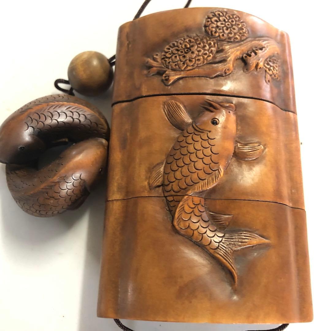 印籠鯉波の図手作りアンティークオブジェインテリア現品無料発送