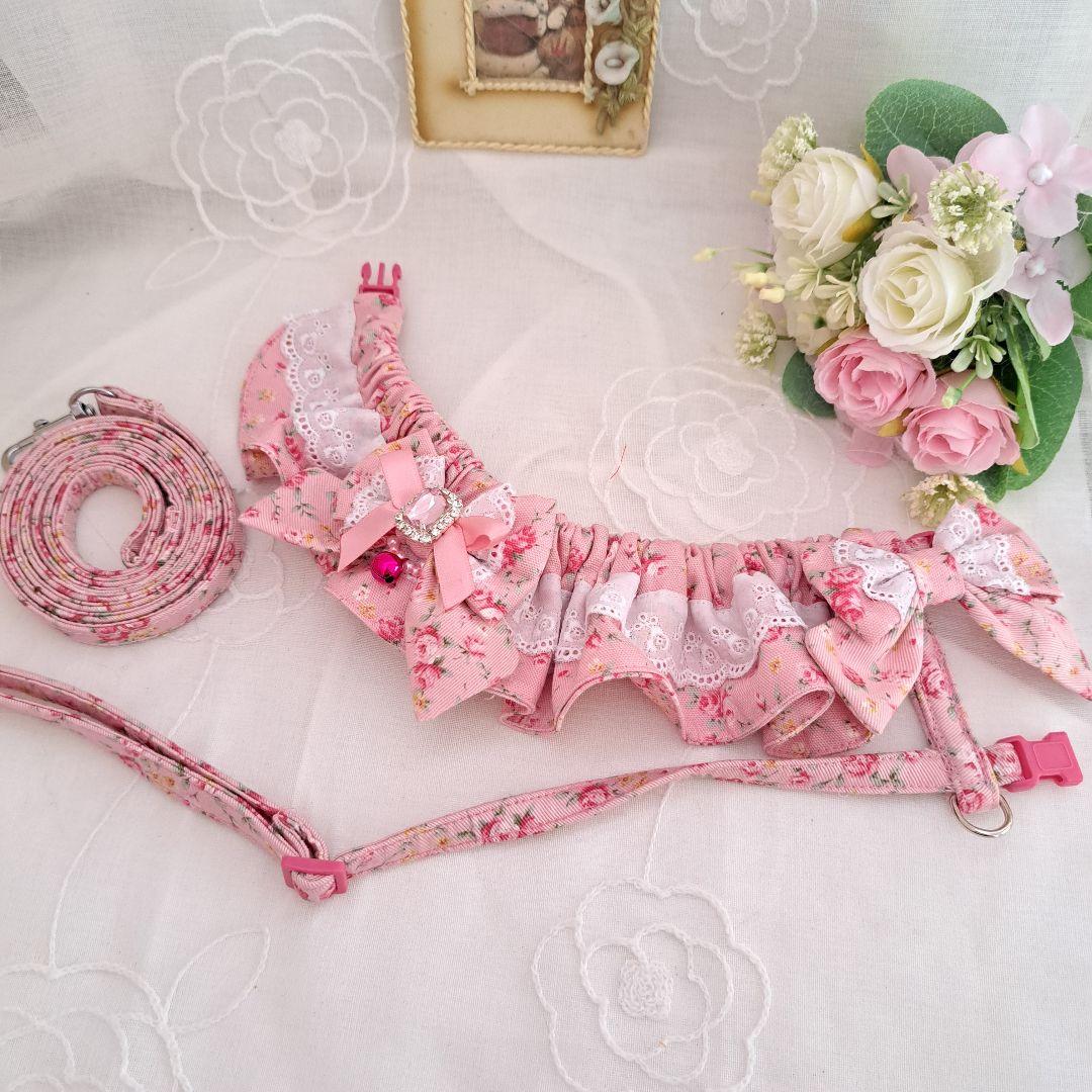 シュシュ型ハーネス(ピンクローズ)&リードセット、わんちゃん猫ちゃん用