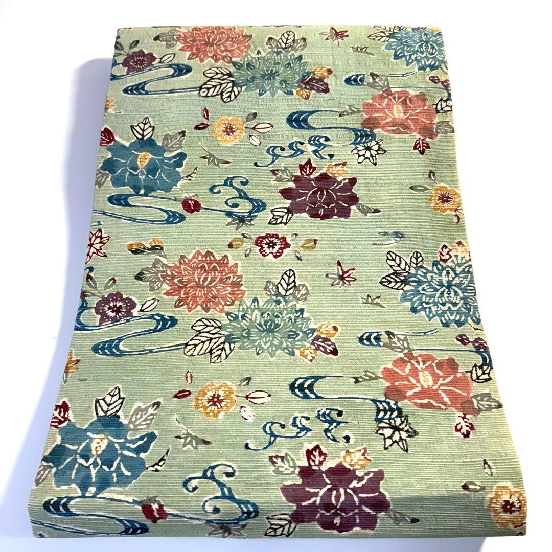 5k2399 名古屋帯　絹　紅型　浜紬　緑　赤　青　黄色　白　花柄　和装　着物