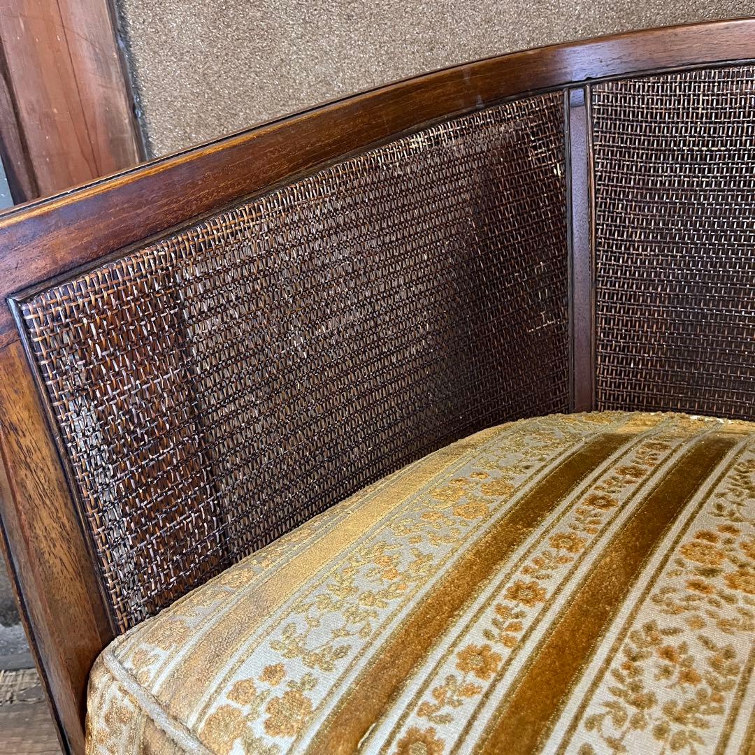 昭和レトロ 籐張り ラウンジチェア 1人掛け　ゴールド系　イエロー系 ラタン