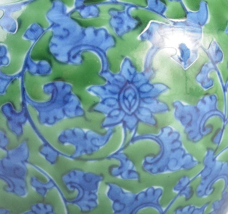 茶道具　有田焼　館林源右衛門　緑彩　唐草文　錫口　茶壺　共箱　F　R4621