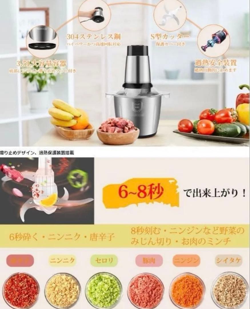 フードプロセッサー 肉挽き機 業務級500W超パワフル＆3.5L大容量ステンレス