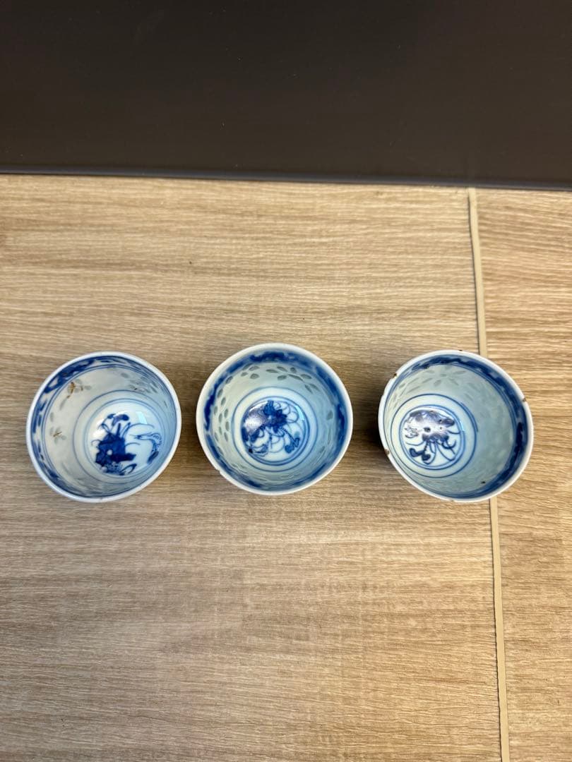 1521 中国骨董　康熙年製銘　染付青花湯呑　3客　時代物