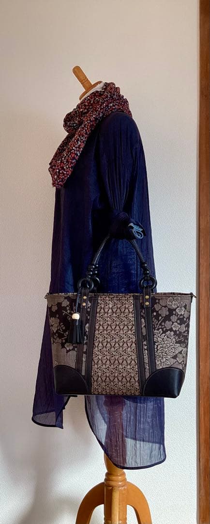 大島紬×本革 着物リメイク トートバッグ 和装バッグ ハンドメイド A4 花柄