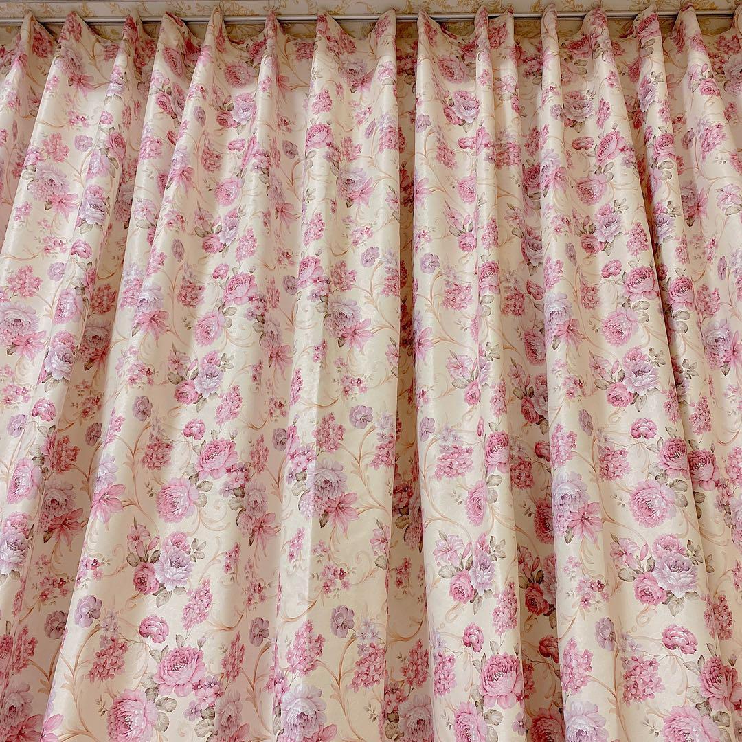 120cm 北欧 花柄 ヨーロピアン 両面柄 花柄 オーダーカーテン ピンク