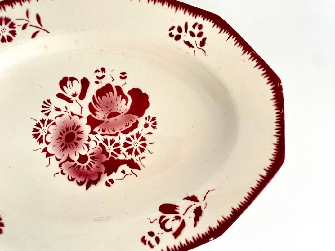 フランス アンティーク 赤い花柄のオーバルプレート