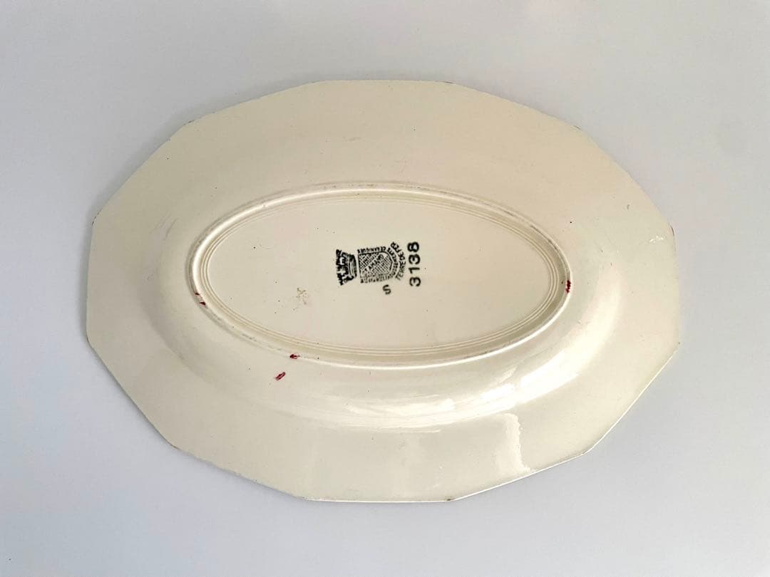 フランス アンティーク 赤い花柄のオーバルプレート