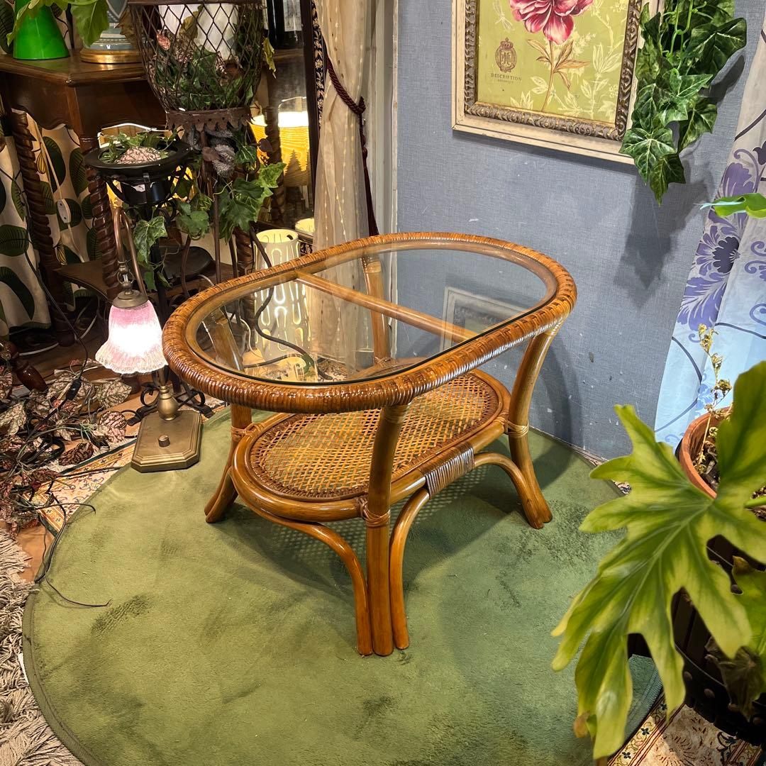 Sale ヴィンテージ 籐ラタンフレーム オーバル　ローテーブル