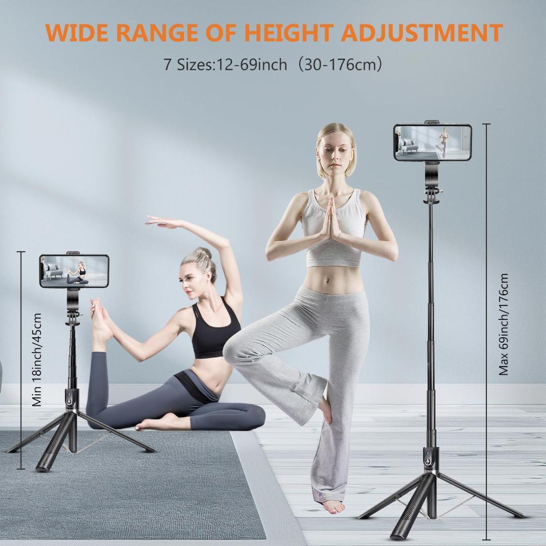 マルチ機能176cm自撮り棒＆三脚 - 360°全方位調整と着脱式リモコン