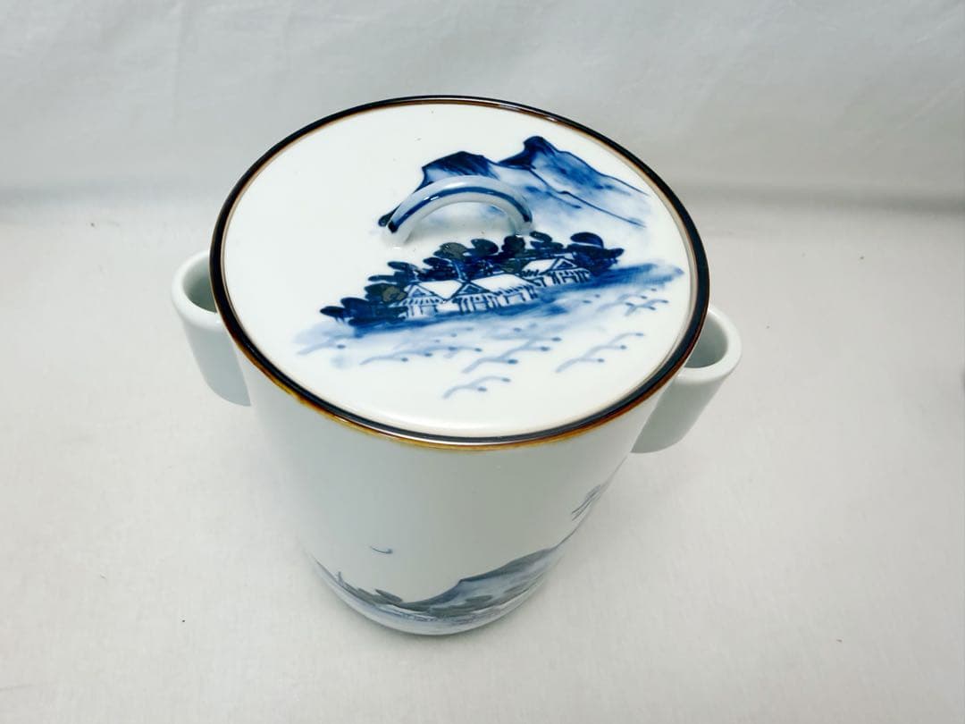 未使用 茶道具 玉堂窯 染付 山水絵 細水指 管耳付 底印 紙箱